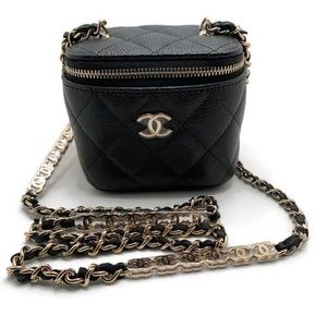 Authentic CHANEL Caviar Black Mini Square Vanity Case CC Chain Bag Gold Hardware
